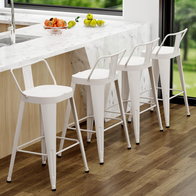 ALISH 24 Inch Bar Stools Set of 4, Industrial Metal Barstools Farmhouse Bar Chairs with Large Seat for Kitchen Island (24 Inch, White)