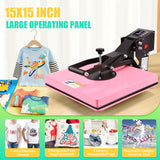 Whubefy Heat Press Machine for T-Shirts 15x15 Slide Out Drawer with Counting Function & 3 Pre-Set Modes, Pressure Knob, Digital Industrial Clamshell Sublimation Printer Heat Transfer Vinyl DIY Pink Whubefy