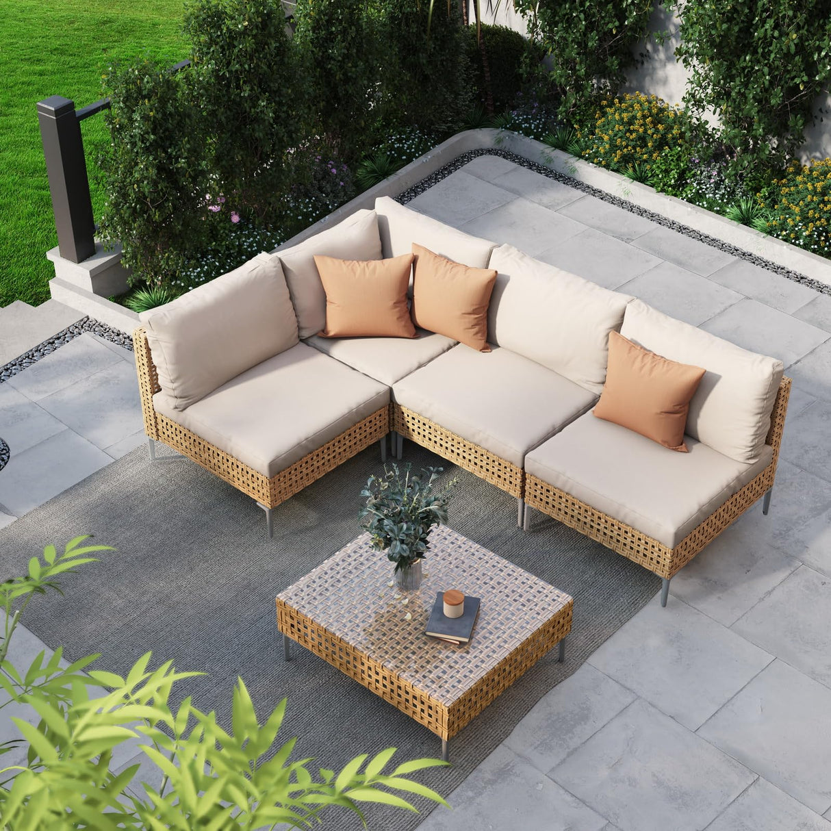 Grand patio 5-Piece Wicker Patio Furniture Set, Boho Outdoor Sectional Sofa with Water Resistant Thick Cushions Coffee Table, Beige Grand patio