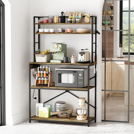YESHOMY Kitchen Baker’s Rack with Power Outlet, 5-Tier Microwave Stand, Coffee Bar with 8 S-Shaped Hooks, Heavy Duty Storage Shelf Unit for Spices, Pots, Brown YESHOMY