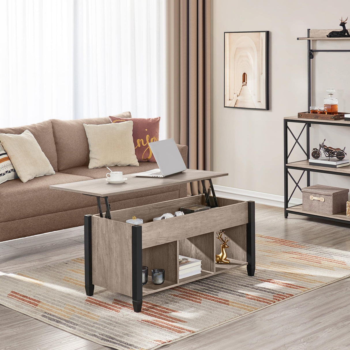 Yaheetech Gray Coffee Table, Lift Top Coffee Table with Hidden Compartment & Shelf, Lift Up Dining Table for Living Room Reception, Retro Central Table with Wooden Lift Tabletop, 41 inch L Yaheetech