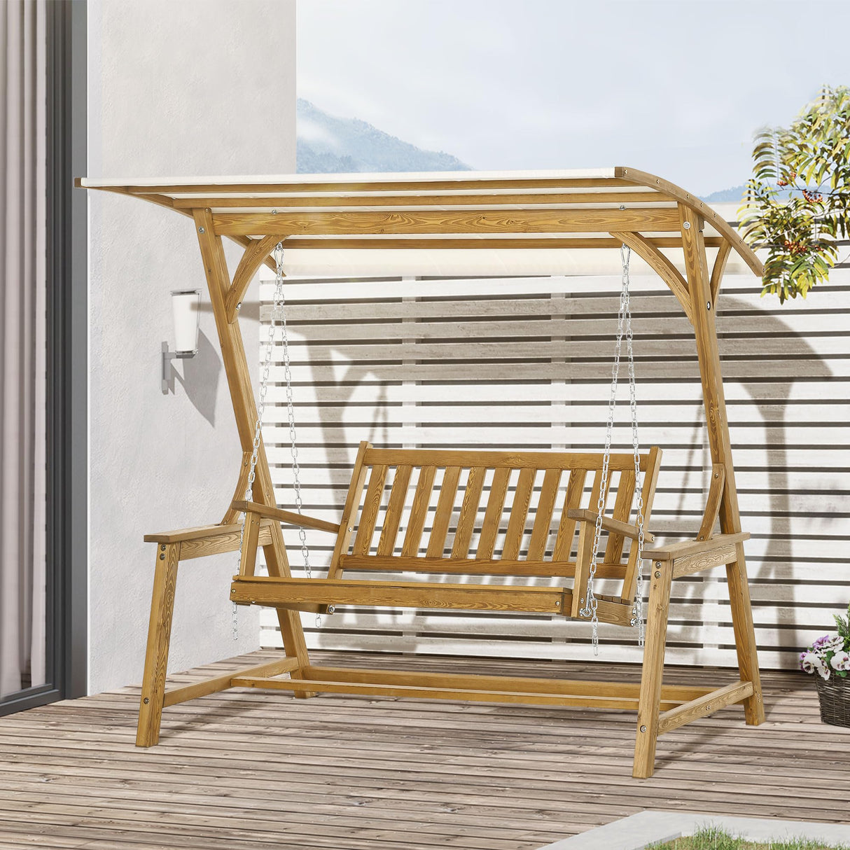 Outsunny 2 Seater Outdoor Swing Loveseat with Canopy and Hanging Chains, Patio Swing Chair, Wooden Porch Swing Glider, for Garden, Poolside, Backyard Outsunny