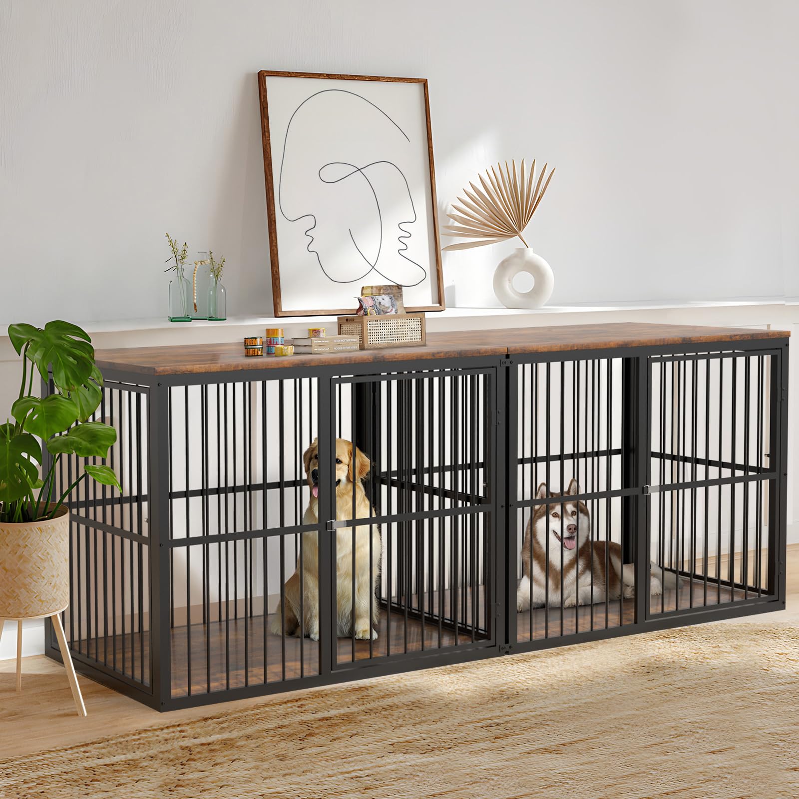 Lyromix 86.62''Dog Crate Furniture Large Breed TV Stand for 2 Dogs with Double Rooms,Wooden Dog Kennel Dog Crate End Table with Removable Divider for Large Medium Dogs, Can Use Separately, Br - WoodArtSupply