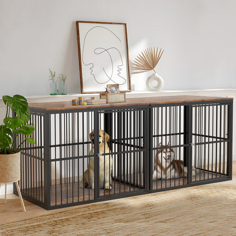 Lyromix 86.62''Dog Crate Furniture Large Breed TV Stand for 2 Dogs with Double Rooms,Wooden Dog Kennel Dog Crate End Table with Removable Divider for Large Medium Dogs, Can Use Separately, Brown Lyromix