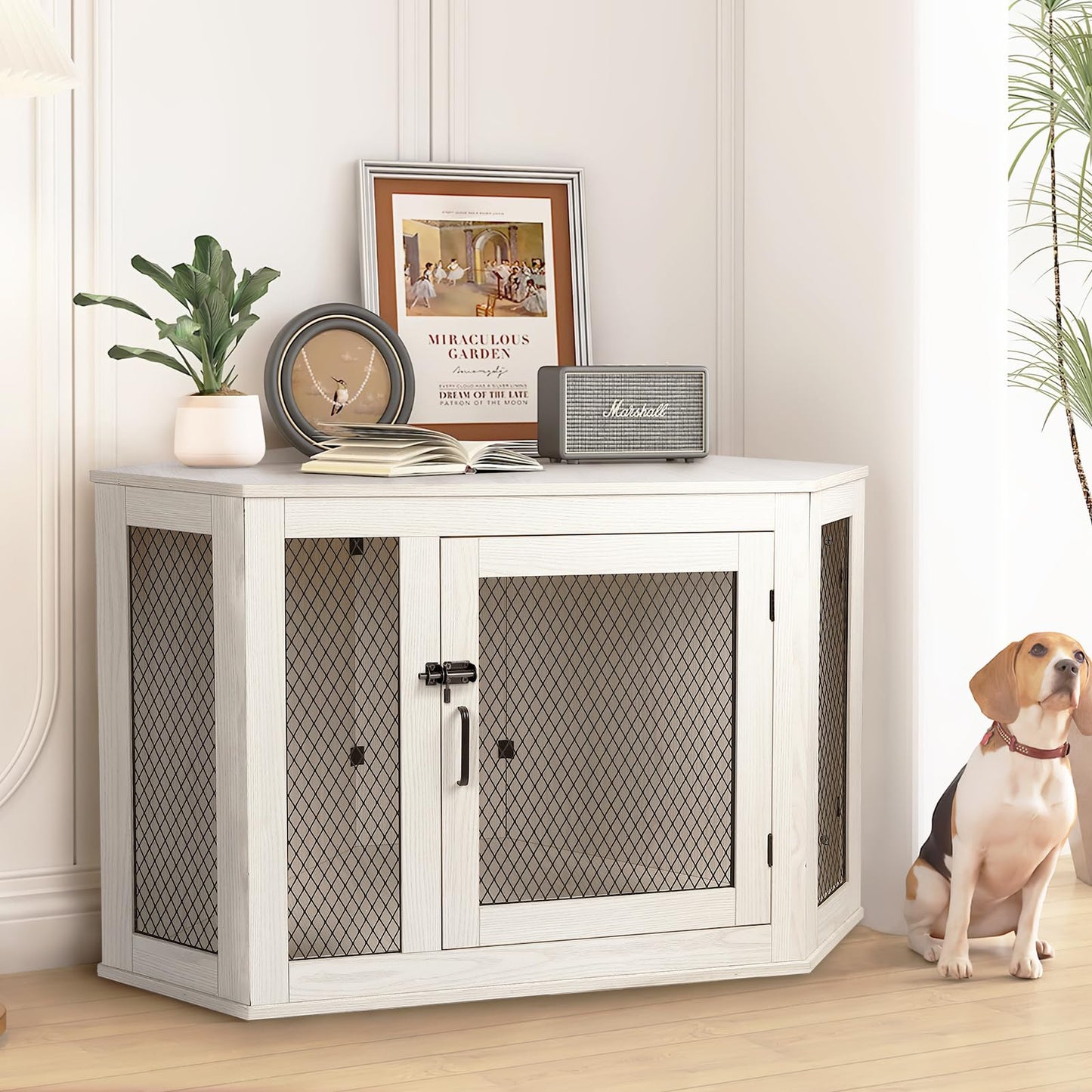 OFIKA Corner Dog Crate Furniture, Wooden Corner Dog Kennel Side End Table with Metal Mesh,Indoor Pet Crates Corner Side Table for Small Medium Large Dogs (Large, White)