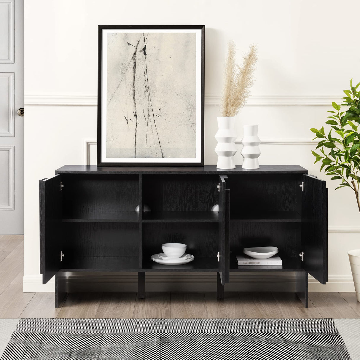 Walker Edison Contemporary Detailed 3-Door Sideboard, 55 Inch, Black Walker Edison