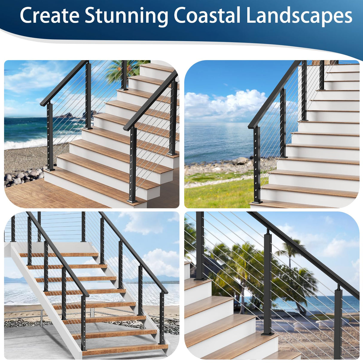 Gyykzz 36" Aluminum Cable Railing Stair Post Perfect for Coastal Projects, 33° Drilled Stair Wire Deck Post for 28-38 Degrees Stair, Black Coating Stair Post for Cable Railing System Outdoor Seaside Gyykzz