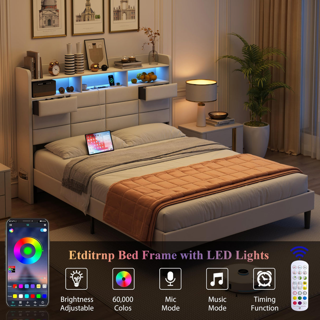 Etditrnp LED Bed Frame King Size with Storage Headboard, 2 Hidden Drawers and Charging Station, Velvet Bed Frames with Led Lights, Wooden Slats Support, Easy Assembly, No Box Spring Needed, Beige Etditrnp
