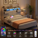 Etditrnp LED Bed Frame Full Size with Storage Headboard, 2 Hidden Drawers and Charging Station, Velvet Bed Frames with Led Lights, Wooden Slats Support, Easy Assembly, No Box Spring Needed, Beige Etditrnp