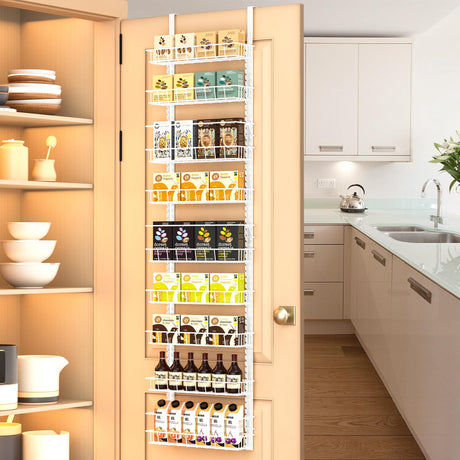 Churboro Over the Door Pantry Organizer Rack with 9 Adjustable Baskets, 9 Tiers Dual-use Hanging or Wall Mount Spice Rack Organizer, White Churboro