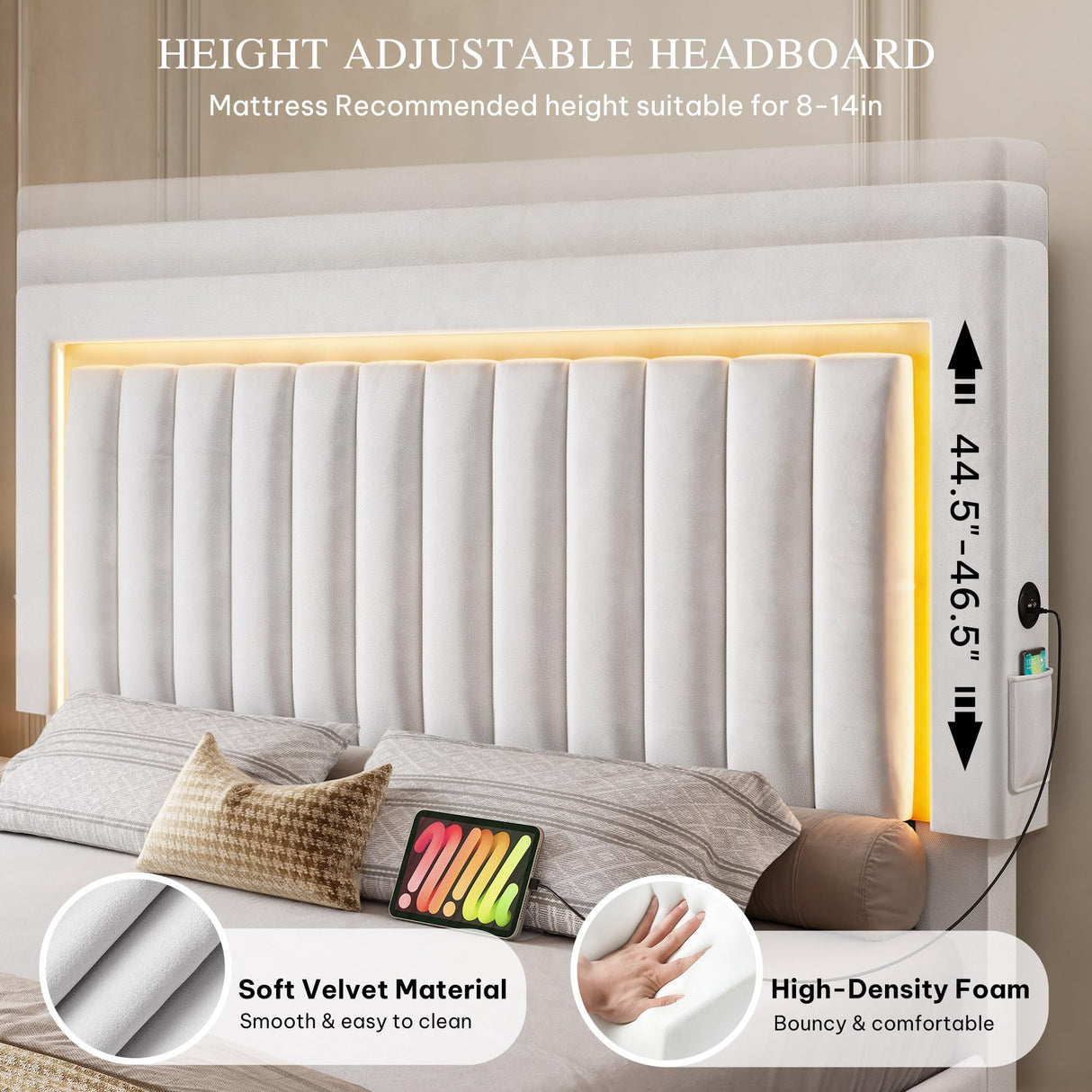 YITAHOME Queen Size Bed Frame with Adjustable Headboard, 4 Storage Drawers and RGB LED Lights, Velvet Upholstered Platform Bed with USB Ports, No Box Spring Needed, Fast Assembly, Noise-Free, White YITAHOME