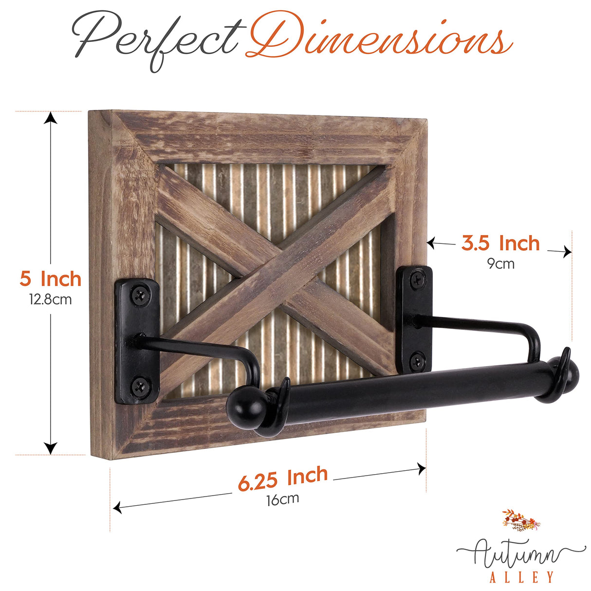 Autumn Alley Rustic Farmhouse Barn Door Toilet Paper Holder | Constructed of Warm Brown Wood, Gold Corrugated Metal and Black Metal | Adds Functional Farmhouse Charm to Your Bathroom Autumn Alley