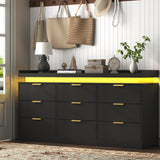UNIQUITE 9 Drawer Dressers for Bedroom, Black Dresser with LED Light and Power Outlet, Modern Large Dresser & Chests of Drawers, Wood Triple Wide Dressers for Bedroom, Living Room, Entryway, Hallway UNIQUITE