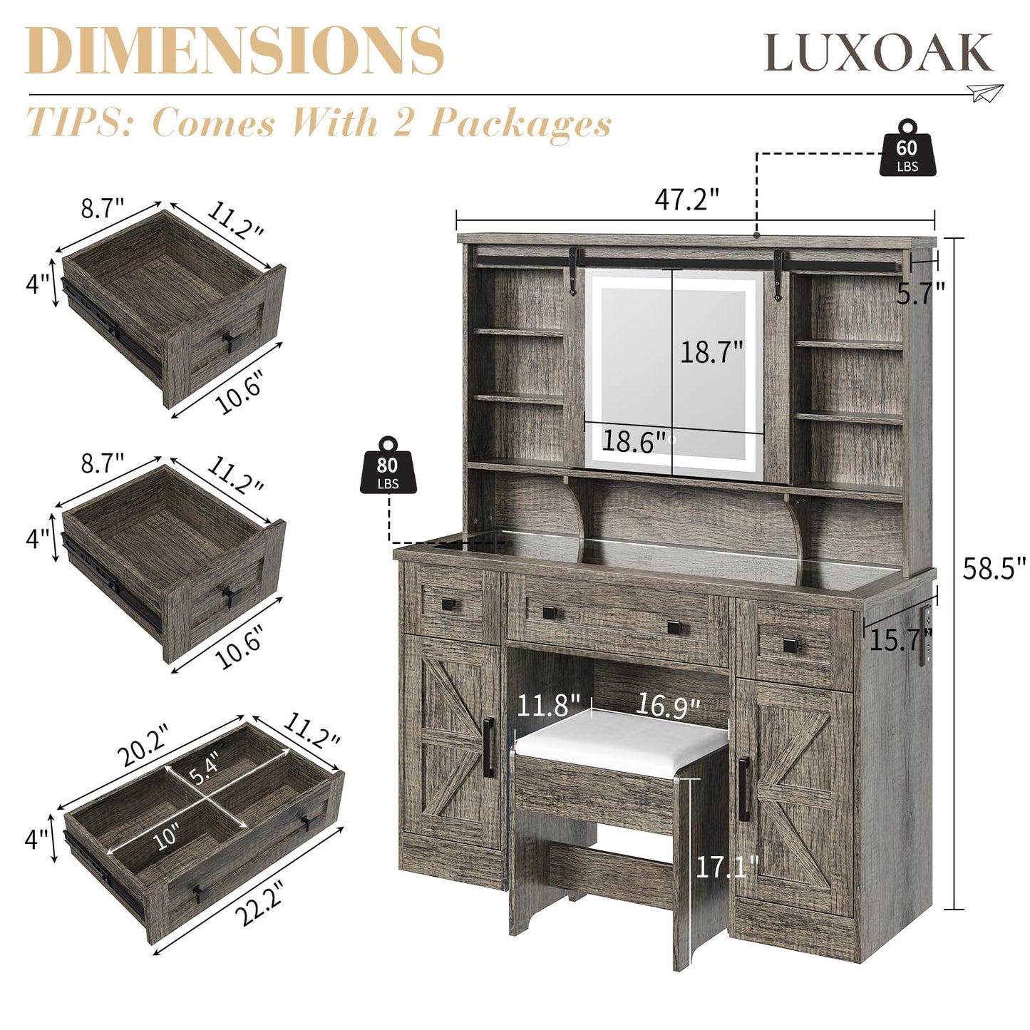 LUXOAK Farmhouse Makeup Vanity Desk with Sliding Mirror and Lights, 47'' Glass Tabletop Vanity Table with Charging Station, Large Vanity Set with Drawers, Stool, Barndoor Cabinets for Bedroom - WoodArtSupply