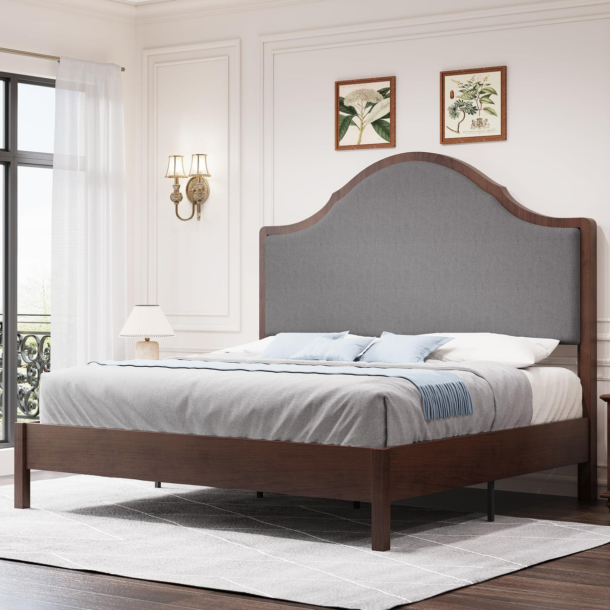 Jocisland Wood Queen Size Bed Frame with Tall Upholstered Curved Headboard, Solid Wood Platform, No Box Spring Needed, Wood Slat Support, Brown Jocisland
