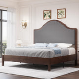 Jocisland Wood Queen Size Bed Frame with Tall Upholstered Curved Headboard, Solid Wood Platform, No Box Spring Needed, Wood Slat Support, Brown Jocisland