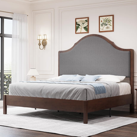 Jocisland Wood Queen Size Bed Frame with Tall Upholstered Curved Headboard, Solid Wood Platform, No Box Spring Needed, Wood Slat Support, Brown Jocisland