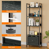 Furologee 5 Tier Bookshelf with Drawer, Kitchen Bakers Rack with Storage, Tall Narrow Bookcase, Industrial Free Standing Display Shelf, Wood and Metal Book Shelf for Bedroom, Living Room, Black Furologee