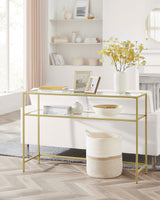 VASAGLE 47.2 Inch Console Sofa Table, Modern Entryway Table, Tempered Glass Table, Metal Frame, 2 Shelves, Adjustable Feet, for Living Room, Hallway, Gold Color ULGT045A61 VASAGLE