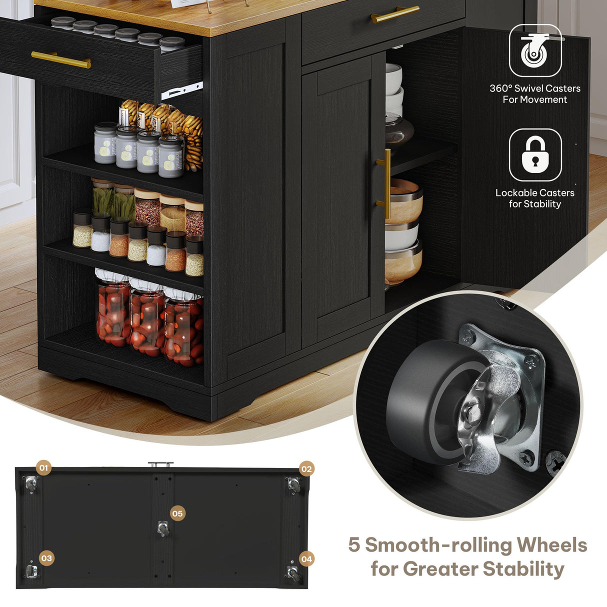 DWVO Large Kitchen Island with Trash Can Storage Cabinet, 53 Inch Portable Kitchen Island with Storage, Long Rolling Island Table Cabinet for Kitchen on Wheels for 13 Gallon Garbage Bin, Black DWVO