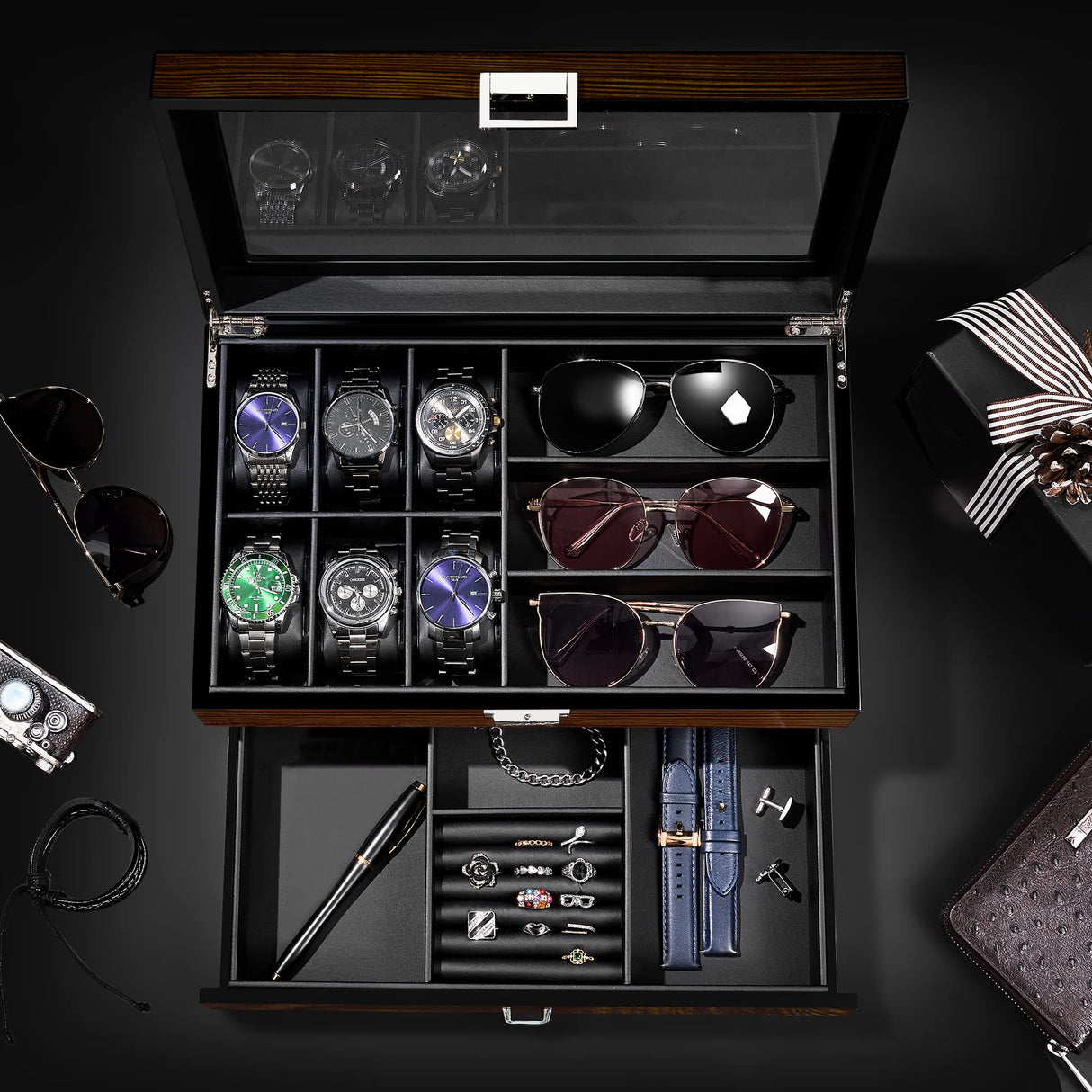 BEWISHOME Watch Box Watch Case Wood Mens Jewelry Box with Valet Drawer Watch Organizer Display Case with Large Glass Lid for Sunglasses Watch Storage, Smooth Faux Leather Interior, Brown SSH32Y BEWISHOME