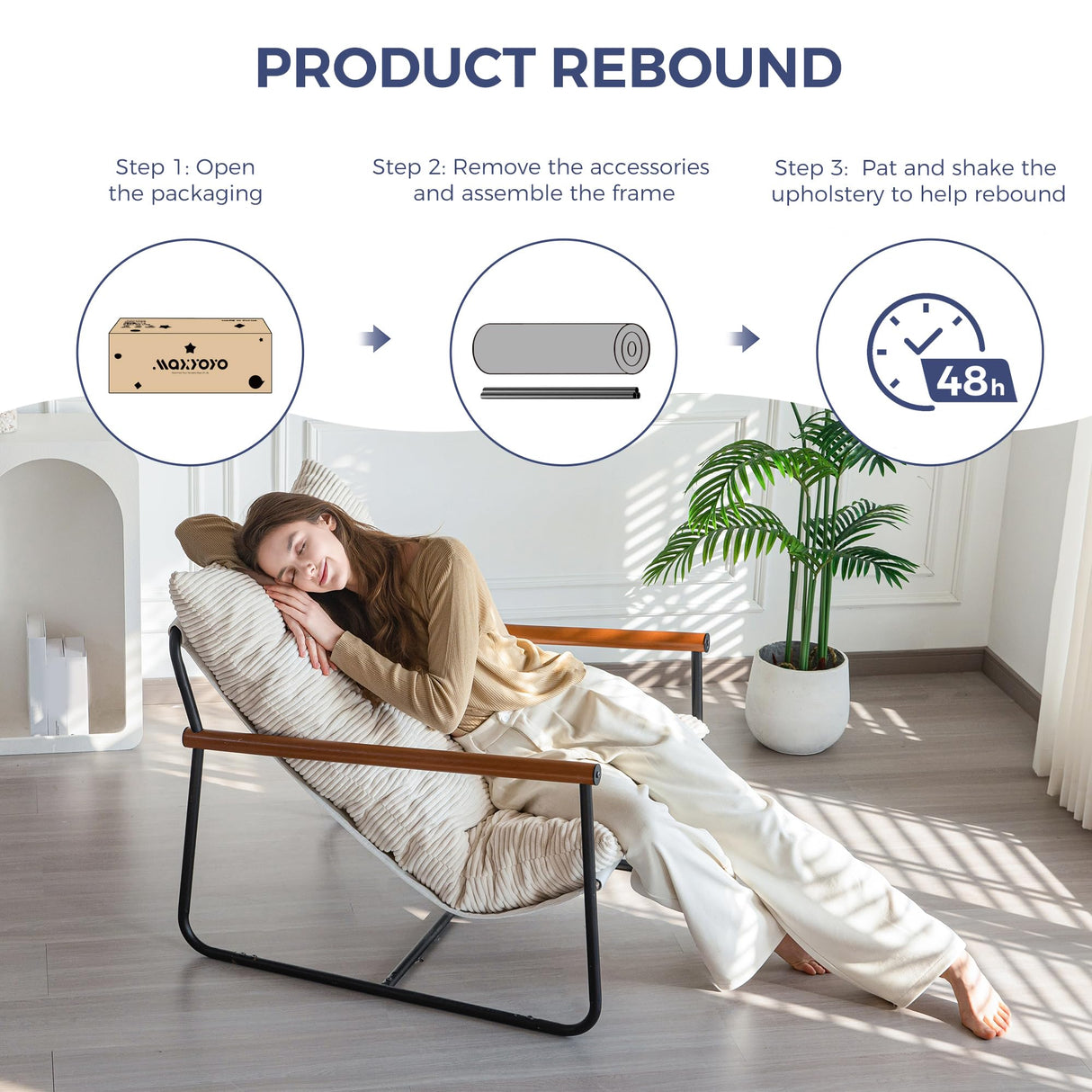 MAXYOYO Modern Accent Chair, Comfy Living Room Chair with Metal Frame Wooden Armrest, Upholstered Armchair with Soft Cushion for Bedroom Balcony Lounge Reading Room, Beige MAXYOYO