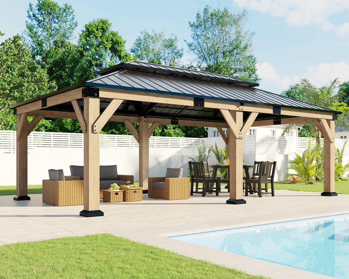AMERLIFE 12x20 ft Hardtop Gazebo, Spruce Wood Gazebo with Iron Double Roof, Outdoor Pergola with Wood Frame for Garden, Porch, Patio, Charcoal Gray + Brown Gray AMERLIFE