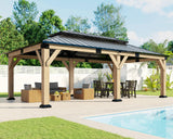 AMERLIFE 12x20 ft Hardtop Gazebo, Spruce Wood Gazebo with Iron Double Roof, Outdoor Pergola with Wood Frame for Garden, Porch, Patio, Charcoal Gray + Brown Gray AMERLIFE