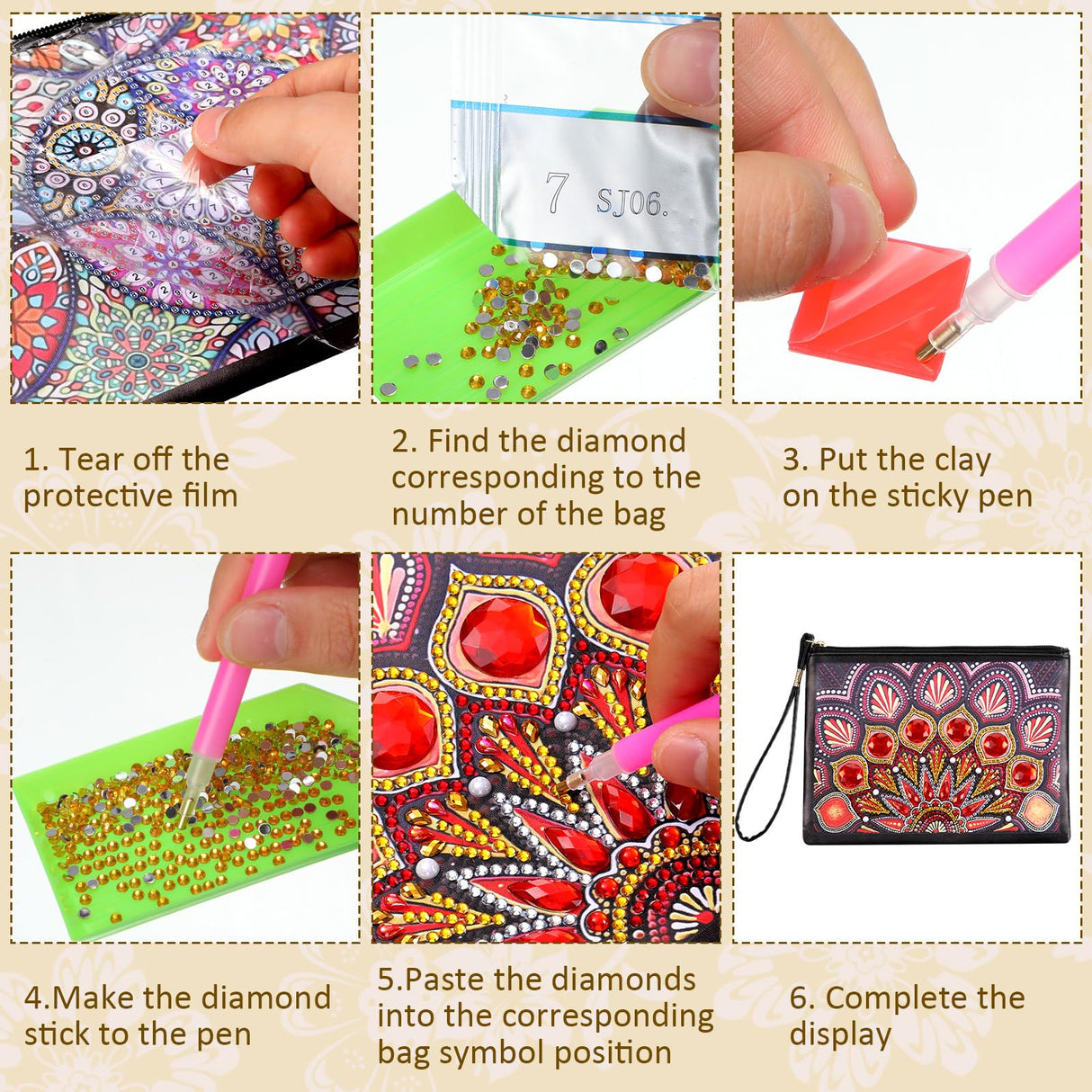 Silkfly 6 Pcs Diamond Painting Purses Clutch DIY Diamond Handbag PU Leather Painting Bags 5d Handmade Wristlet Wallet with Strap and Zipper for Women Gift(Mandala Style) Silkfly