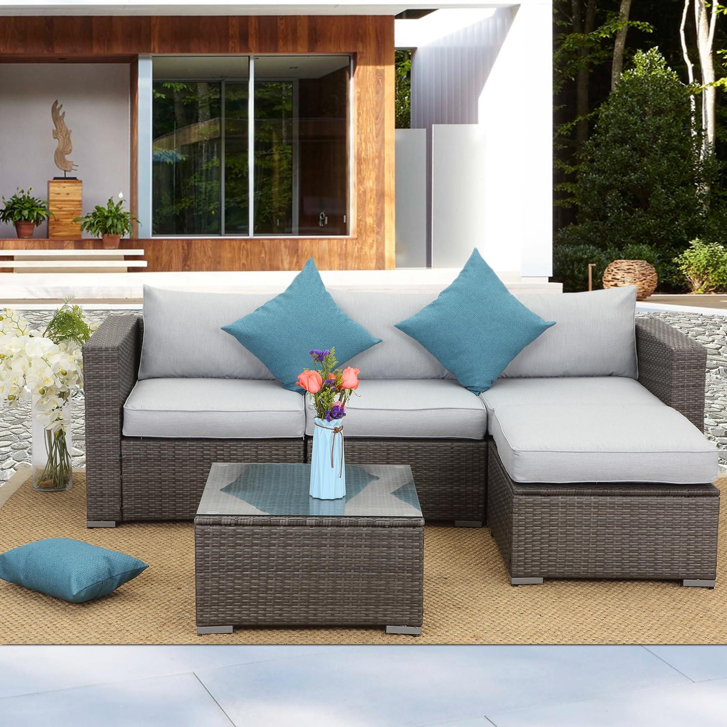 Wisteria Lane 2 Pieces Patio Furniture Sets, Outdoor Sectional Furniture with Armless Sofa, Tempered Glass Table and Cushion, Patio Conversation Sets for Garden Backyard, Grey - WoodArtSupply