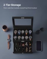 SONGMICS 20-Slot Watch Box, Watch Case with Glass Lid, 2 Layers, Lockable Watch Display Case, Black Synthetic Leather, Black Lining UJWB020B01 SONGMICS
