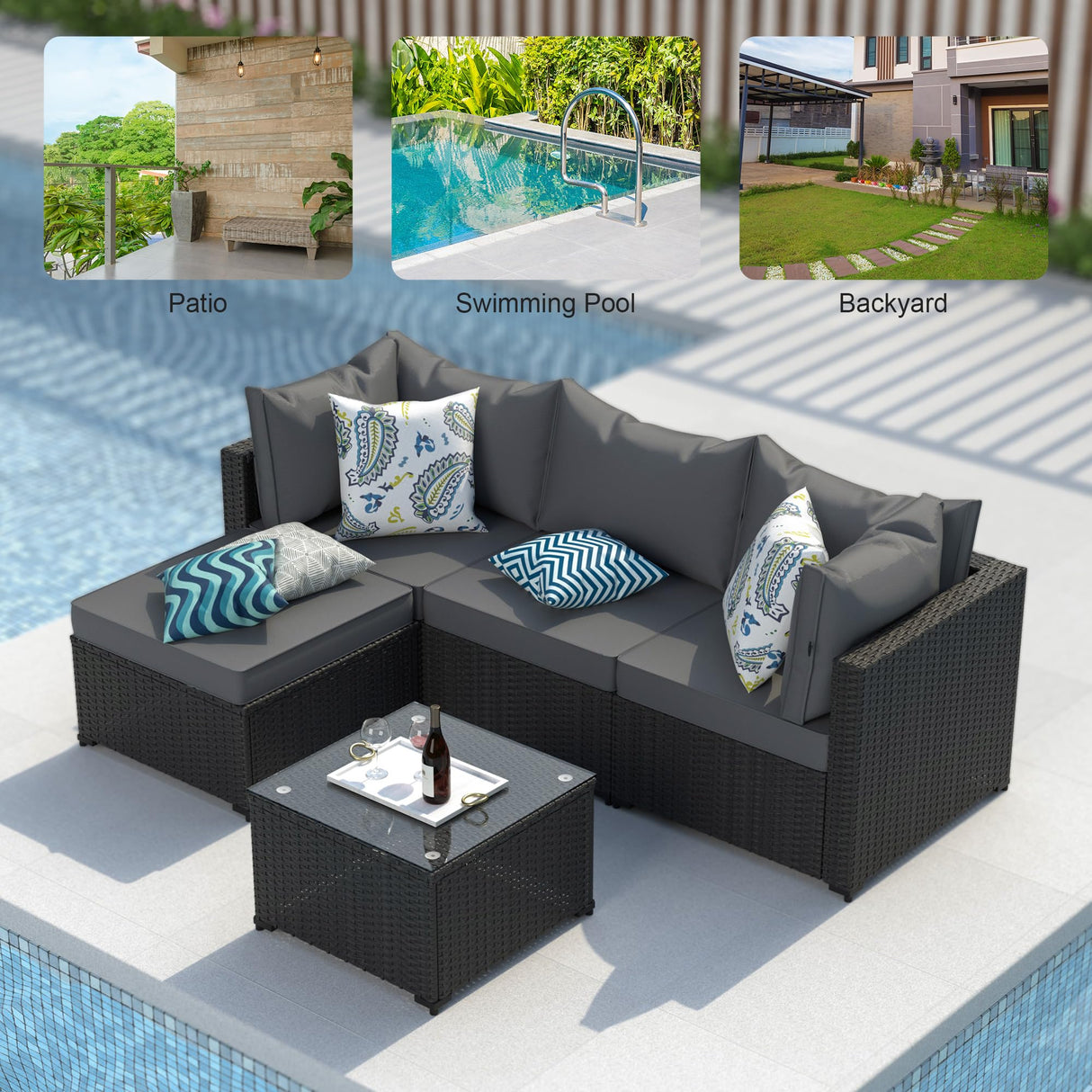 Patio Furniture Set, 5PCS Outdoor Conversation Sets Waterproof Rattan Sectional Sofa with 4” Thickened Cushion Modular Wicker Patio Furniture Set with Glass Top Table for Balcony, Backyard (Grey) Phonjoroo