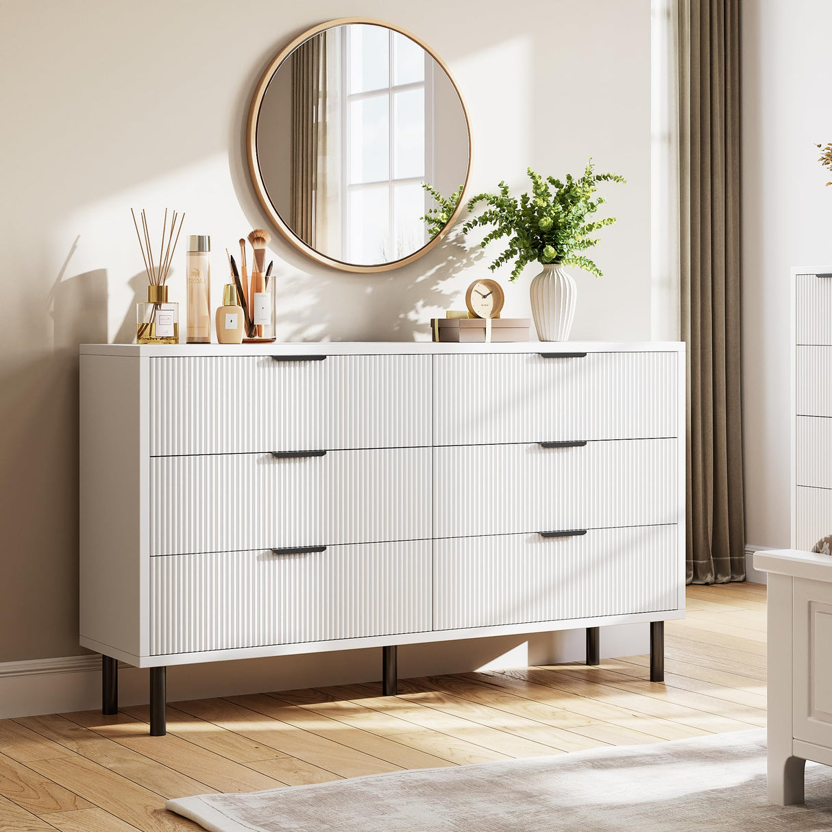 GarveeHome White Fluted 6 Drawer Dresser, Wide Wood Double Dresser with Metal Legs and Handles, Modern Chest of Drawers with Anti-Tipping Design for Bedroom Living Room Hallway GarveeHome