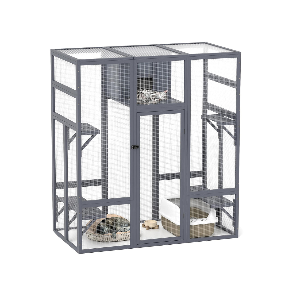 COZIWOW Upgraded Extra Large Cat Catio Equipped 4-Way Pet Door, Outdoor Wood Kitty Cage House with Insulation Condo, Patio Window Attach Cat Enclosure Playpen w/Weatherproof PVC Cover, Gray COZIWOW