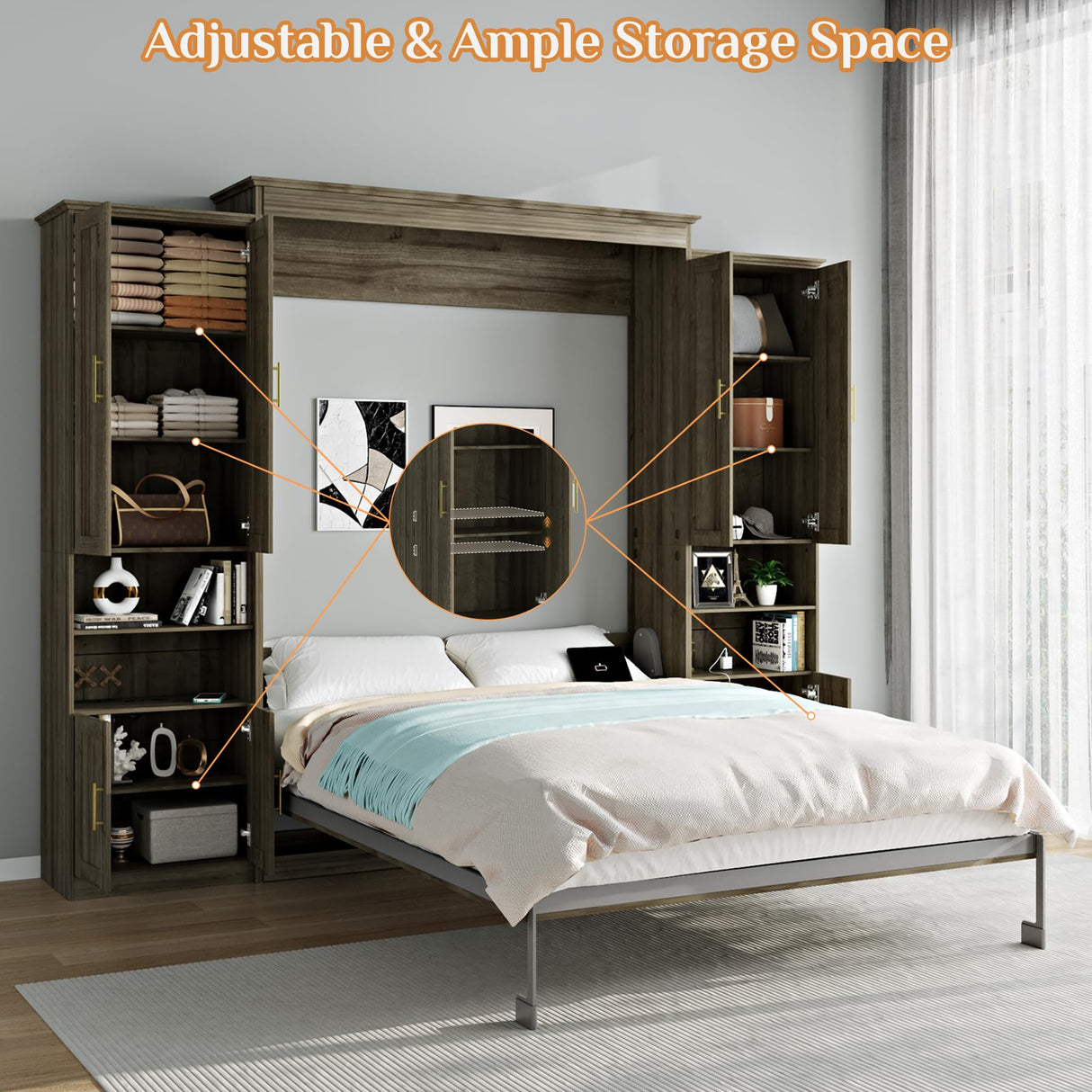 Rophefx Murphy Bed Queen with 2 Side Cabinet Storage Shelves, Queen Wall Bed Cabinet with USB Port, Wood Foldable Platform Bed Frame, Space Saving Beds, Modern Hidden Bed for Guest Room, Home, Grey Rophefx