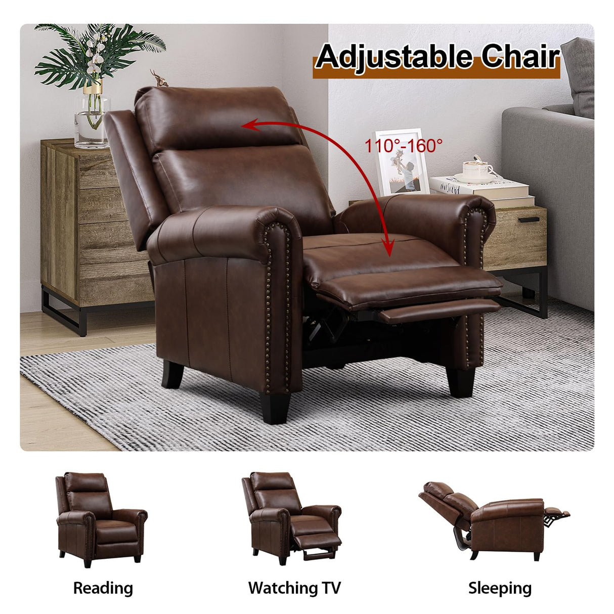 CANMOV Leather Recliner Chair Set of 2, Classic and Traditional Push Back Recliner Chair with Comfortable Arms and Back for Living Room Bedroom Adjustable Single Sofa, Brown CANMOV