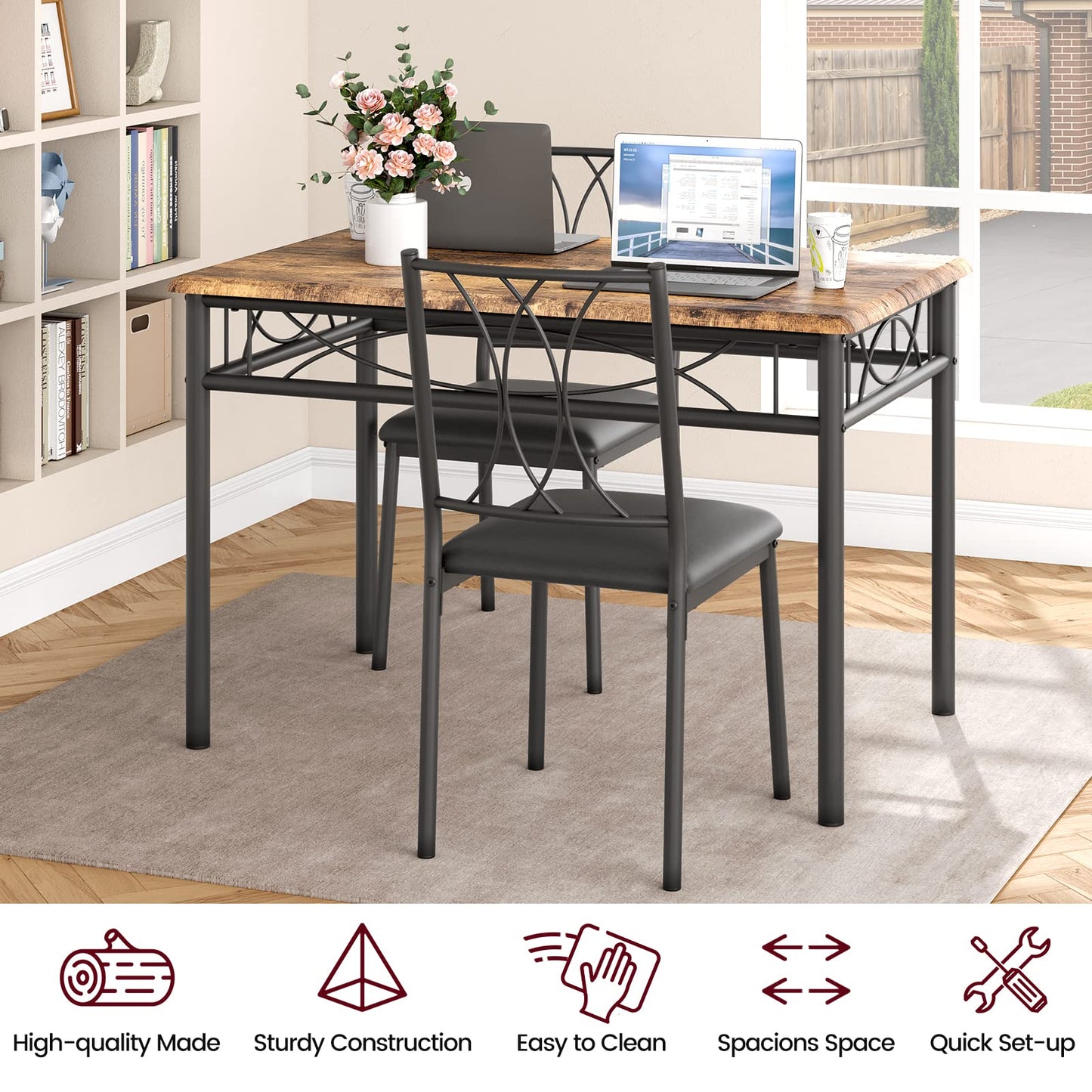 CABIHOME Dining Table Set, 5 Piece Dining Table Set for 4, Rectangle Kitchen Table Set with 4 Upholstered Chairs, Dining Table Set for Small Space, Apartment, Retro Brown - WoodArtSupply