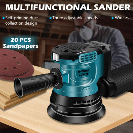 ZUYIYI 5 Inch Cordless Random Orbital Sander for Makita 18V Battery, 12000RPM Electric Orbital Sander 3 Various Speeds, Palm Sander w/20 Pcs Sandpapers for Woodworking, Sanding(Bare Tool) ZUYIYI