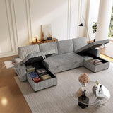 Sleeper Sectional Sofa, 122" Modern U Shaped Couch with Pull Out Bed, Convertible Corduroy Cloud Sofa with Double Storage Chaise, USB, Small Desktop, Comfy Modular Couch for Living Room, Light Grey ZHCREAL