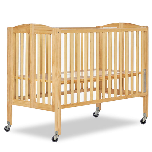 Dream On Me Folding Full Size Convenience Crib In Natural, Two Adjustable Mattress Height Positions, Comes With Heavy Duty Locking Wheels, Flat Folding