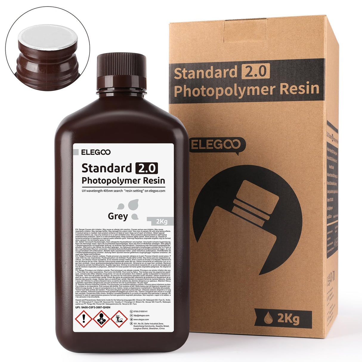 ELEGOO Standard 2.0 Photopolymer Resin 2000g Grey, Rapid Precise Printing Resin 405nm LCD UV-Curing for LCD/DLP/MSLA 3D Printer ELEGOO