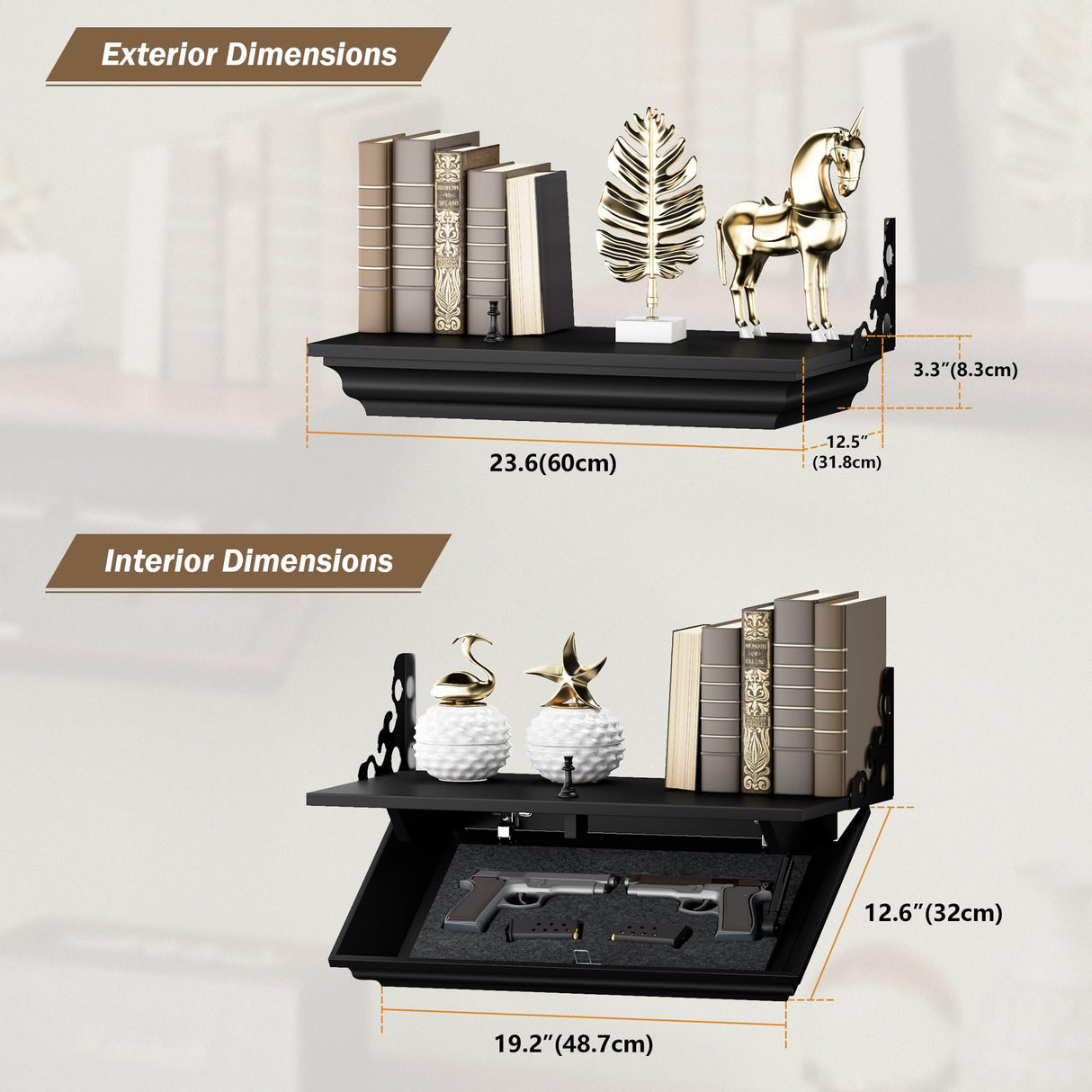 HNEBC 24" Compact Gun Shelf with Hidden Compartment, Floating Wall Mount Gun Rack for Living Room Decor, Solid Wood Concealed Furniture for Secure Gun Storage (Black) HNEBC