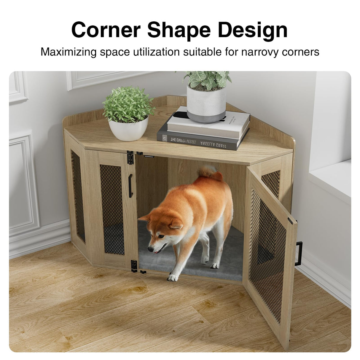 Corner Dog Crate Furniture - Dog Crate Cage for Small Medium Dogs, Wooden Indoor Aesthetic Puppy Kennel TV Stand, Modern Decorative Pet House Dog Cage, Light Oak Giluta