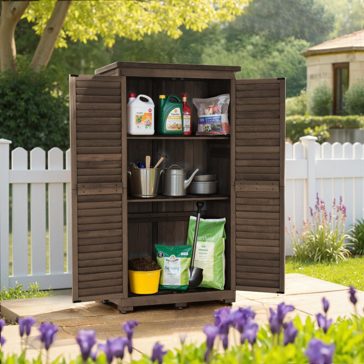 MCombo Outdoor Storage Cabinet, Garden Storage Shed, Outside Vertical Shed with Lockers, Outdoor 63 Inches Wood Tall Cabinet for Yard and Patio 0870 (Brown) MCombo