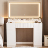 44" Vanity Desk with Large Mirror and Lights, Modern Glass Top Makeup Vanity Set with Power Outlet, 3 Drawers and 2 Cabinet, 3 Lighting Color Adjustable Dressing Table for Bedroom,Pure White INNOD