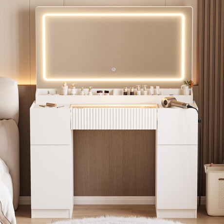 44" Vanity Desk with Large Mirror and Lights, Modern Glass Top Makeup Vanity Set with Power Outlet, 3 Drawers and 2 Cabinet, 3 Lighting Color Adjustable Dressing Table for Bedroom,Pure White INNOD