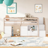 Okak Twin Size Low Loft Bed, Kids Loft Bed Frame with Playhouse, Drawer, Shelf, Stairs for Storage, Toddler Beds Frame with Safety Guardrail and Strong Wood Slats for Girls or Boys - White & Cream Okak
