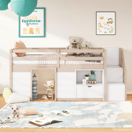 Okak Twin Size Low Loft Bed, Kids Loft Bed Frame with Playhouse, Drawer, Shelf, Stairs for Storage, Toddler Beds Frame with Safety Guardrail and Strong Wood Slats for Girls or Boys - White & Cream Okak
