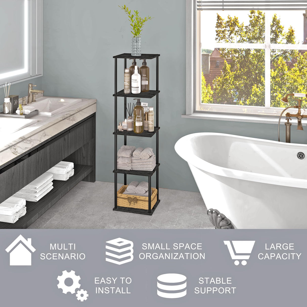 POBOMULI 46" Narrow Bookshelf, 5-Tier Tall Bookcase Small Space, Corner Book Shelf Slim Storage Display Rack Living Room Bedroom Study Office, Black POBOMULI