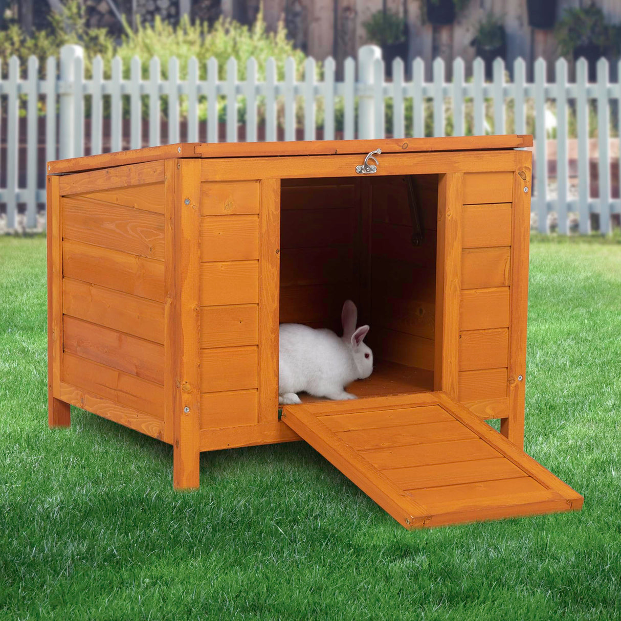 Small Wood Rabbit Hutch Bunny Cage, Raised Cat House with Ladder for Small Animals, Orange ANNECOSK